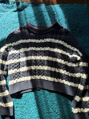 Jessica Simpson Navy and Cream Striped Crewneck Sweater